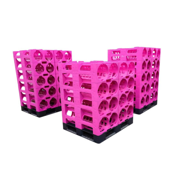 Three 5 gallon water bottle racks with different stacking heights for storage