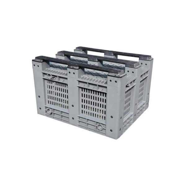 An HDPE vented plastic pallet bin with 3 runners, displayed from a side angle, emphasizing its structural features and application in logistics, transport, and industry.