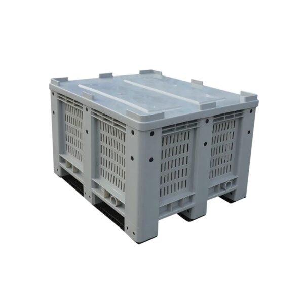 An HDPE vented plastic pallet bin with a closed - top, shown from a top - down angle, showcasing its mesh sides and design for logistics, transport, and industrial use.