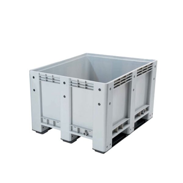 A solid plastic pallet box, presented from a frontal view, highlighting its sturdy design and utility for storage and transport.