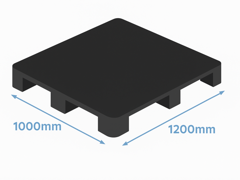 A black plastic pallet with dimensions 1200mm x 1000mm, showing standard UK pallet size, designed for logistics and transport.