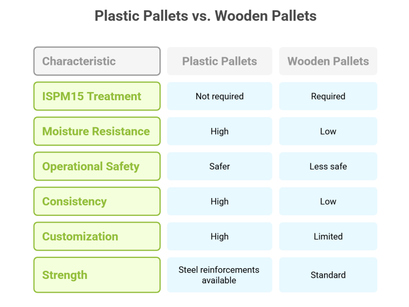 A comparison table of plastic and wooden pallets, listing characteristics like ISPM15 treatment, moisture resistance, and strength, showing their differences.