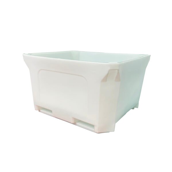 The side view of the white Plastic insulated fish box shows the smooth outer wall and inlet/outlet
