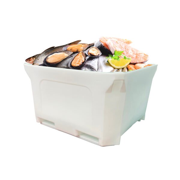 Side view of a white Plastic insulated fish box filled with seafood
