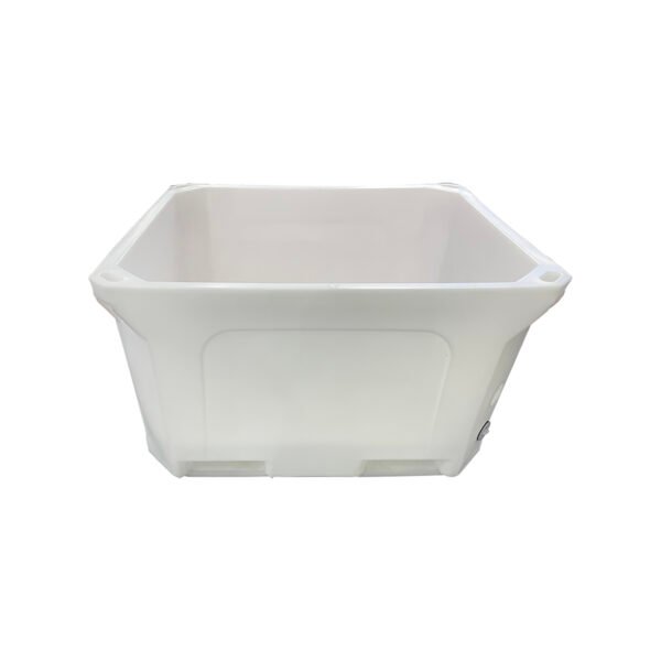 White Plastic Insulated Fish Box with Secure Lid and Black Rubber Latch Locks, Showcasing Smooth Inner Walls Without Lids