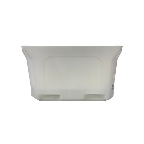 Front view of the white Plastic insulated fish box, showing smooth outer walls and inlet ports