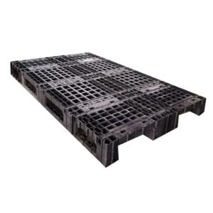Three legged black plastic splicing pallet, showing grid surface and four-way fork