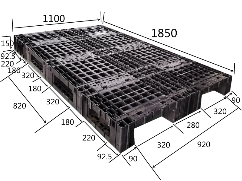 Tripod grid four-way forked black plastic splicing pallet, showing a width of 1100mm and a length of 1850mm