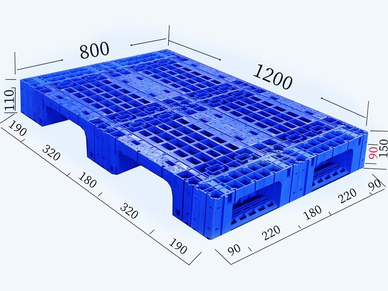 Blue 1200mm×800mm 3 - runners modular plastic pallet, with detailed size markings on the edges.