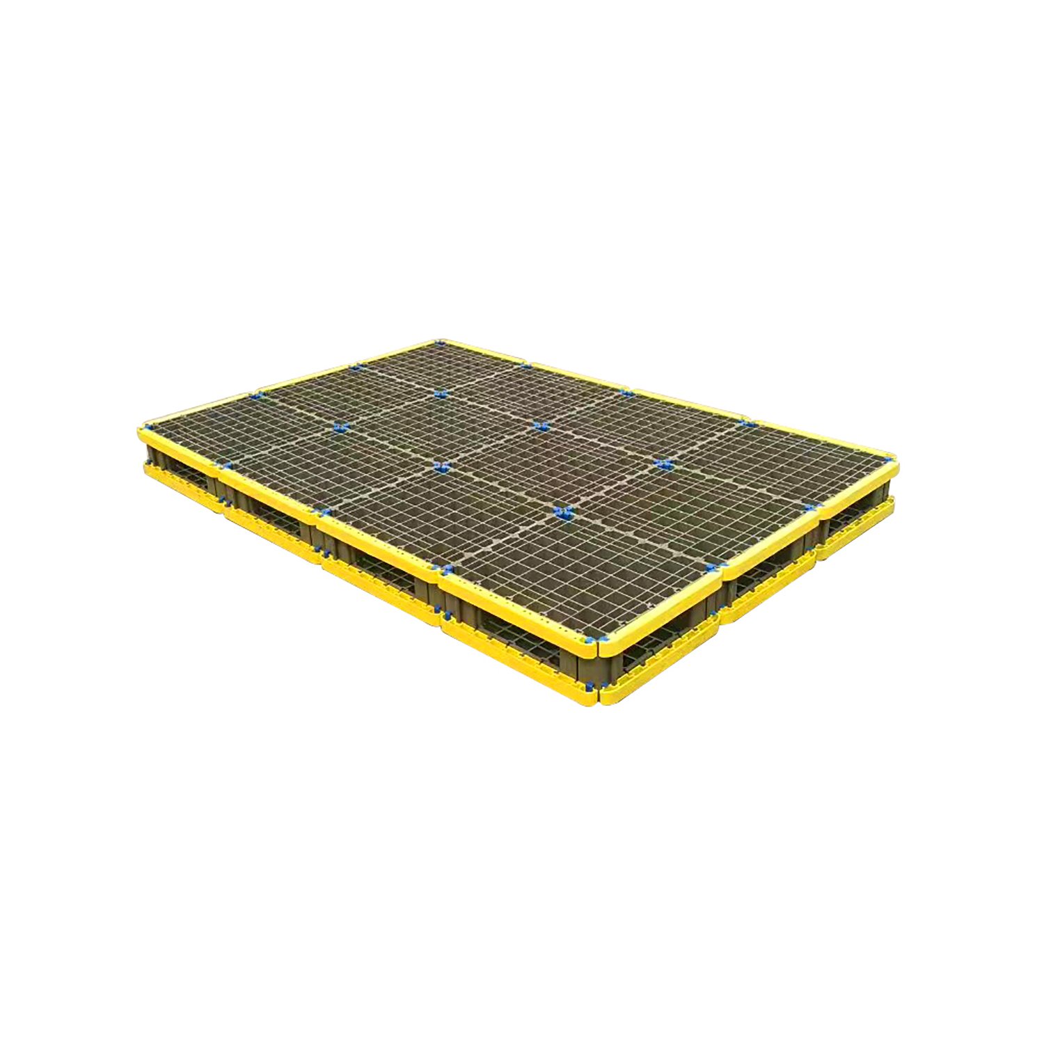 Heavy duty double side splicing pallet with reinforced yellow perimeter and grid deck
