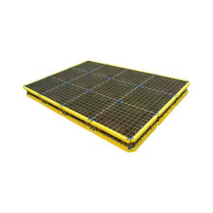 Modular double side plastic pallet with yellow edge guards and vented grid surface