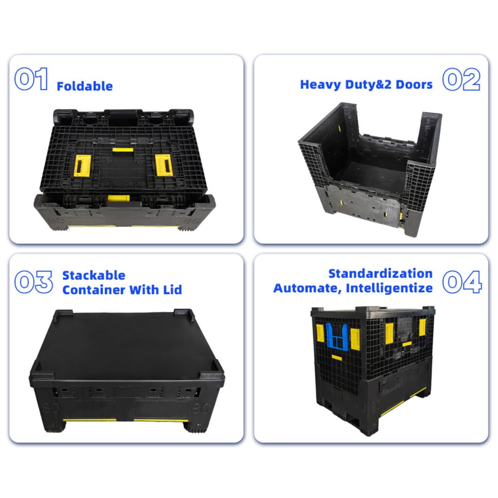 Reusable plastic bulk container with lid shown foldable and stackable with doors