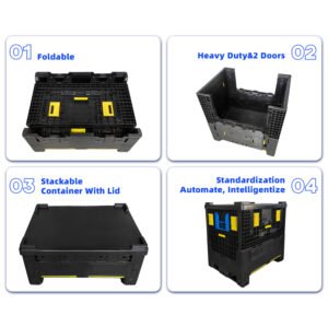 Reusable plastic bulk container with lid shown foldable and stackable with doors