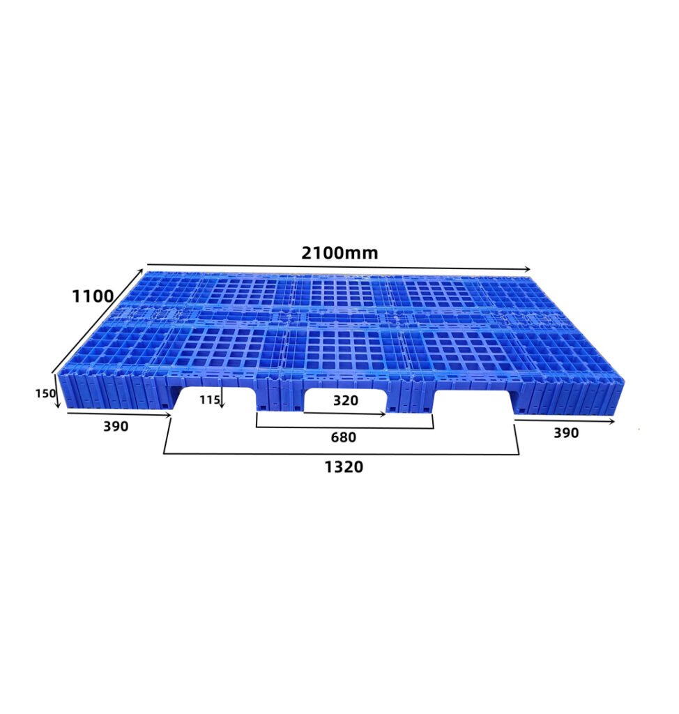 Plastic splicing pallet with 2100mm long and 1100mm wide and reinforced three-way base, very suitable for forklift operation and heavy industrial use