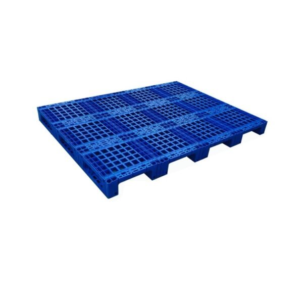 Modular blue plastic pallet with 3 runner base and open deck, suitable for printing industry material handling and ground storage applications.