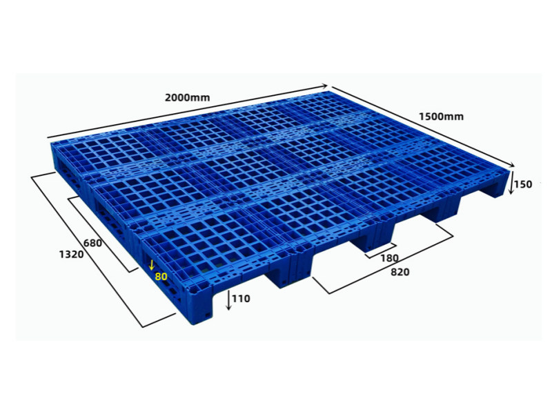 2000×1500mm plastic pallet with 3-runner grid deck structure and detailed dimensional labels, used for large-format printing material support.