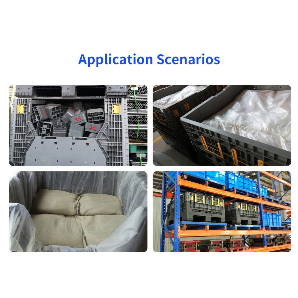 Plastic bulk containers used for storing parts, sacks, and logistics packaging