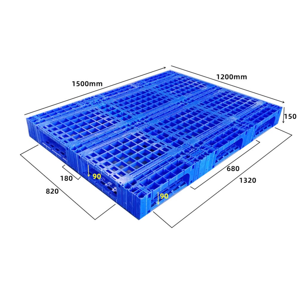 Blue plastic splicing pallet, 1500mm long and 1200mm wide, with full perimeter base, suitable for industrial storage.