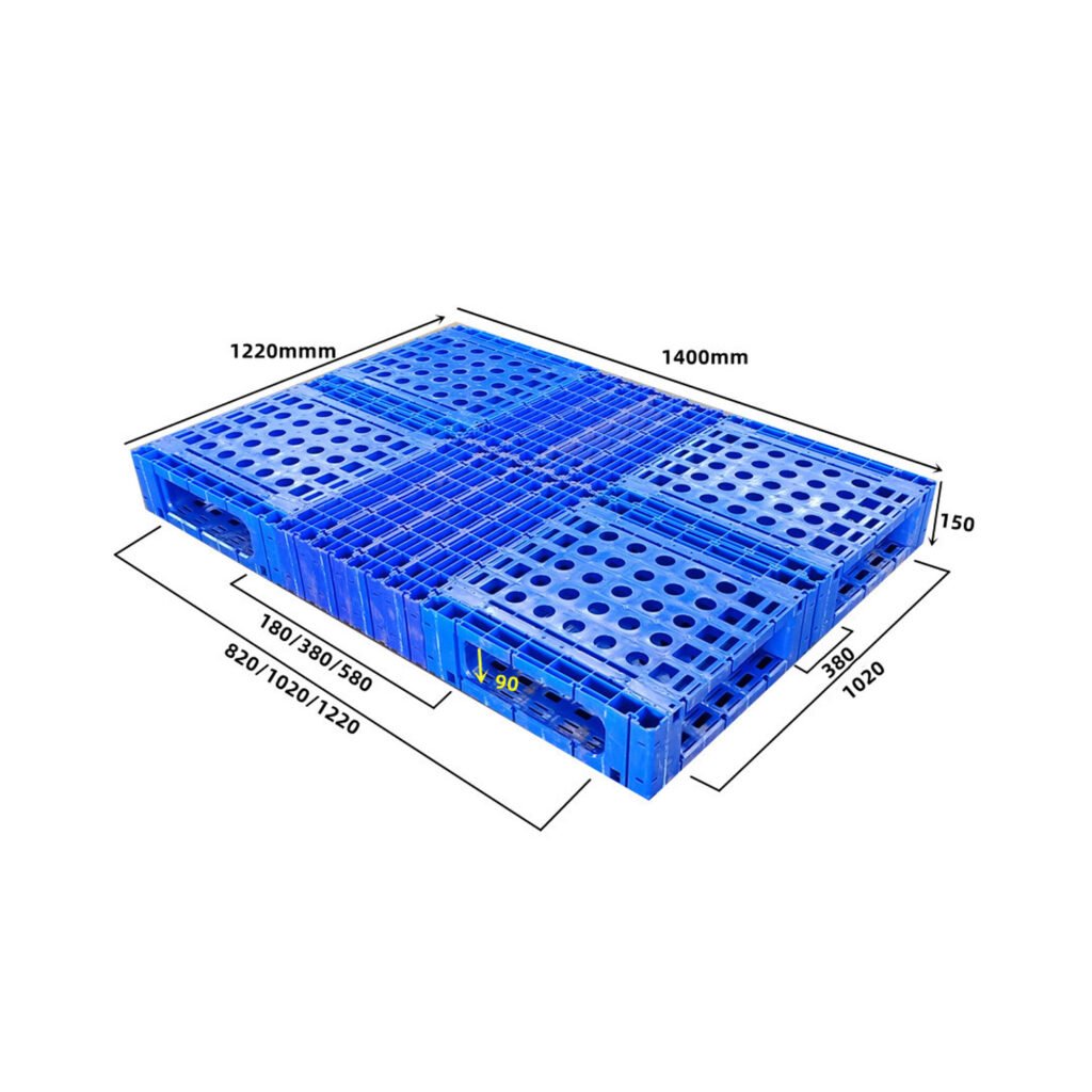 A blue double-sided vented deck splicing pallet with four-way fork inlet