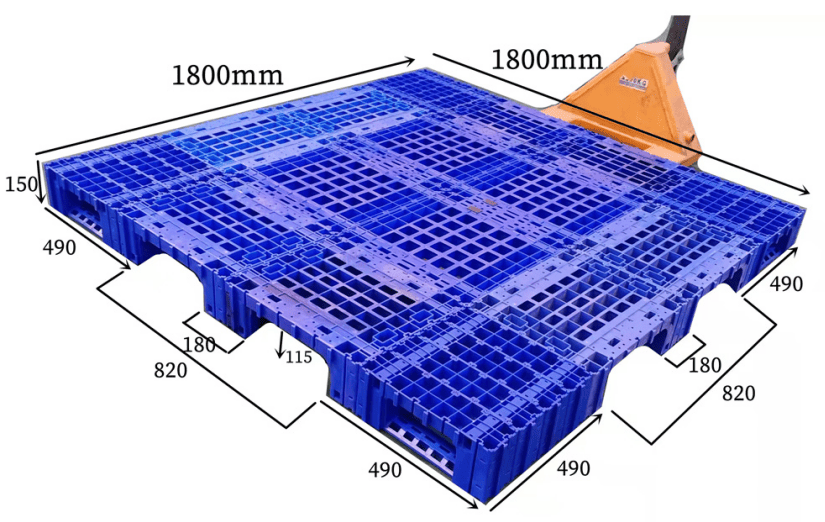 The blue 9-leg modular plastic pallet is designed as a logistics grid. The length and width are both 1800mm as indicated in the figure.
