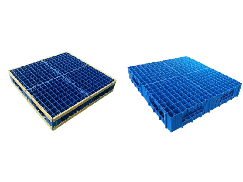 The blue double-sided non protective strip splicing pallet, compared with the blue double-sided pallet with protective strip, shows the customizable splicing pallet