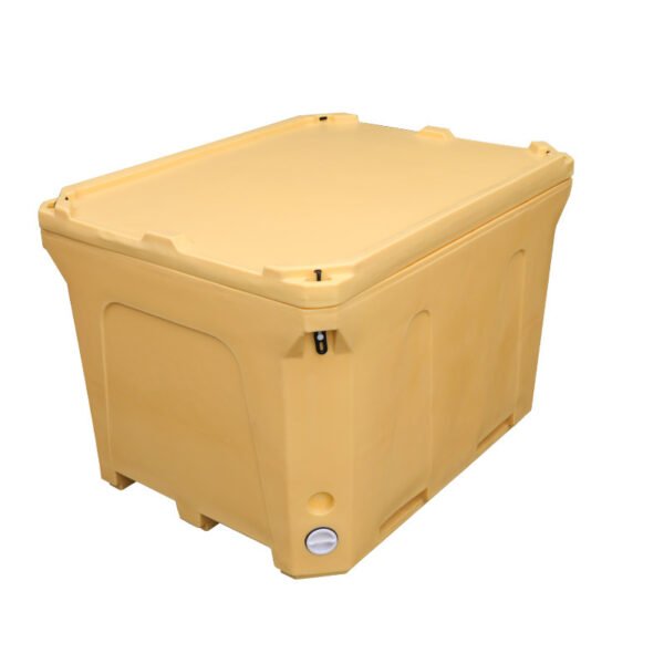 Plastic insulated fish box with sealed lid and rubber latch locks for secure transport
