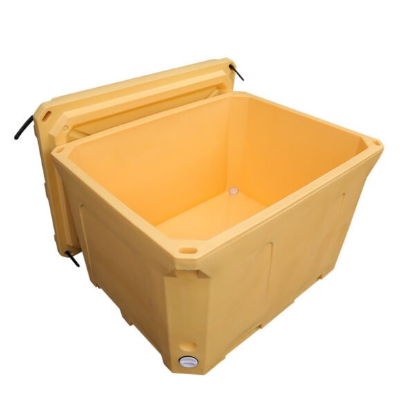 Open view of beige insulated seafood box with drain plug and full lid