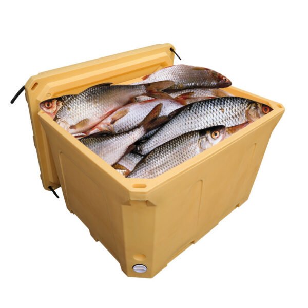 Large insulated fish container loaded with fresh seafood for cold chain export