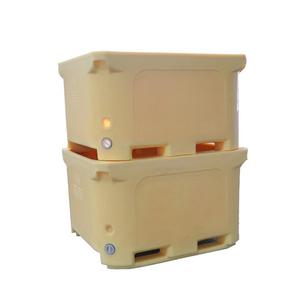 Stacked plastic insulated fish bins with forklift-access base and drainage system