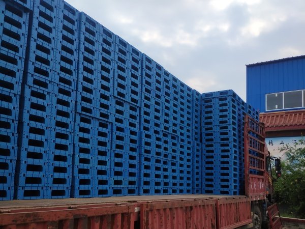 The blue double-sided pallet is stacked neatly on the truck