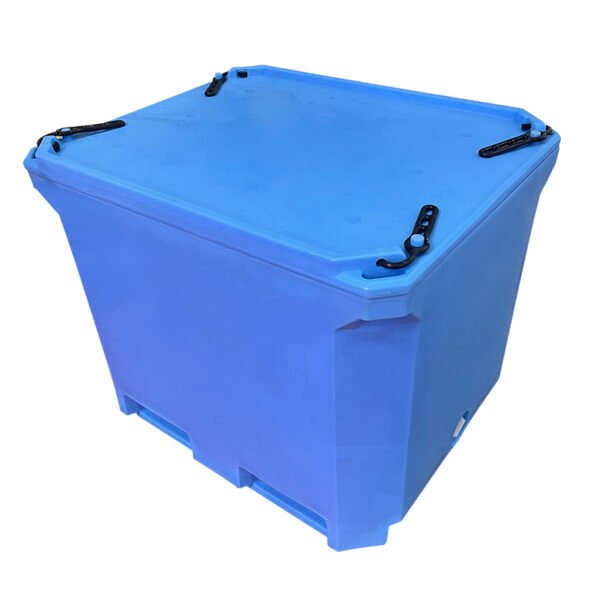Plastic insulated fish box with secure lid and black rubber latch locks