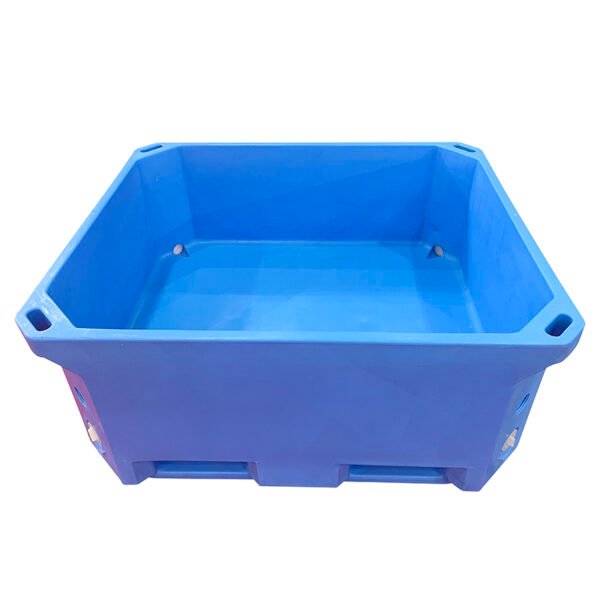 Blie plastic insulated fish box with secure lid and black rubber latch locks, Show smooth inner walls without lids