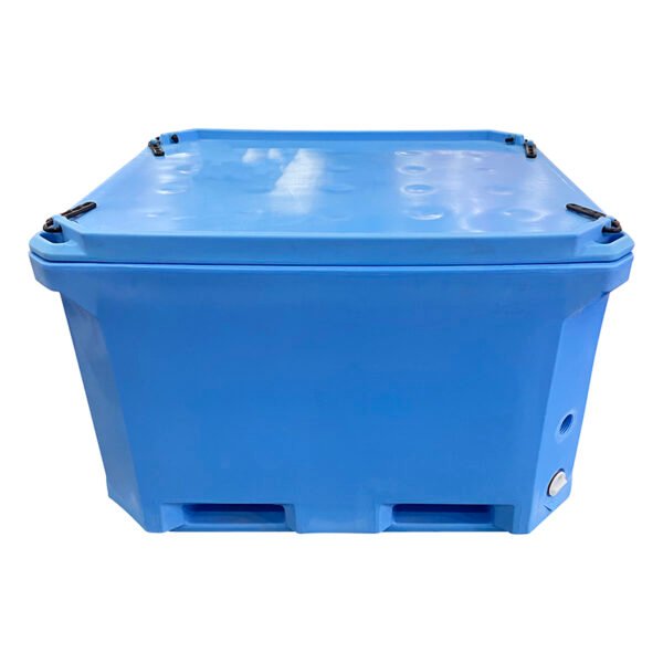 Plastic insulated fish box with secure lid and black rubber latch locks