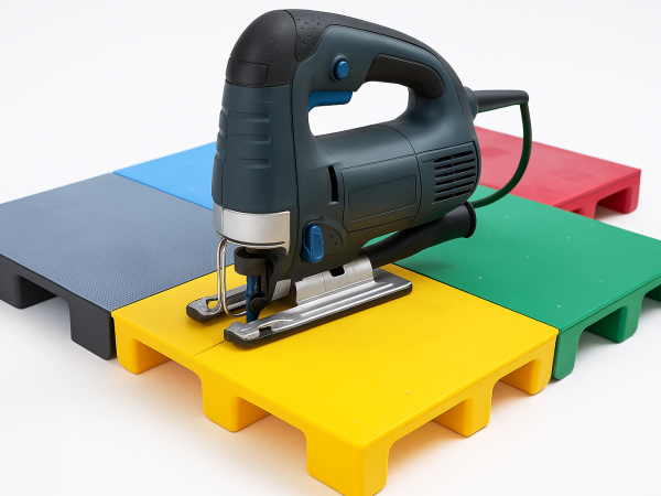 Electric jigsaw tool positioned on a yellow plastic pallet, illustrating cutting application for industrial trimming.