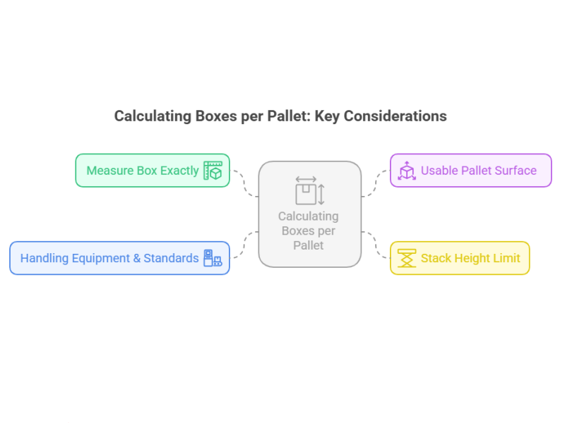 Diagram on calculating boxes per pallet. Key considerations: measure box exactly, usable pallet surface, stack height limit, handling equipment & standards. 