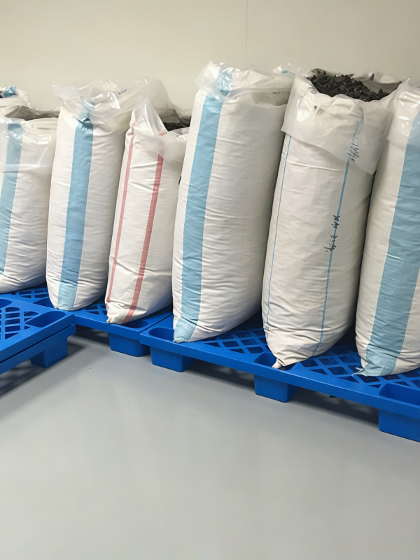 fungus sacks placed on blue plastic floor pallets in clean storage