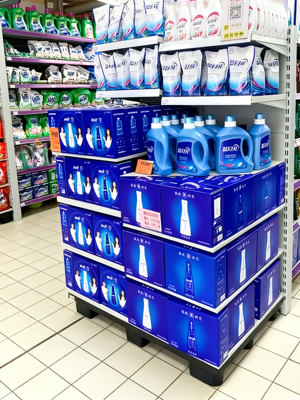 supermarket laundry detergent display on black plastic floor pallets