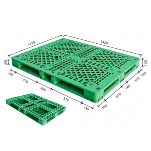 Palé de plástico con borde perimetral completo de 1420 x 1120 mm – 6 patines – superficie de rejilla | 142112
