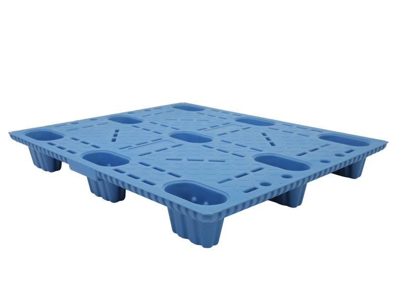 A blue Blow Molded 9 Legs Plastic Pallet, with a grid design and nine legs, crafted through blow - molding for durability.