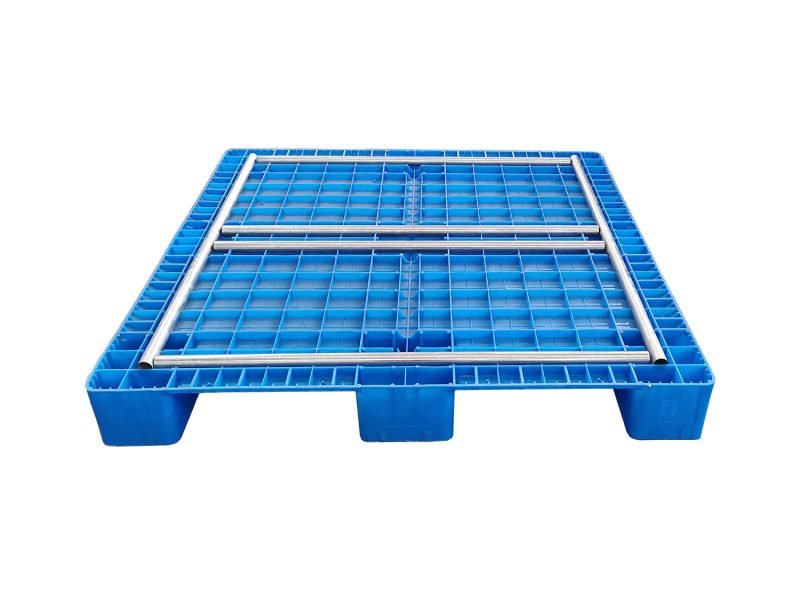 A blue 3 - runners heavy duty industrial plastic pallet with its top panel removed, revealing internal metal runners, designed for sturdy support in printing - related logistics.