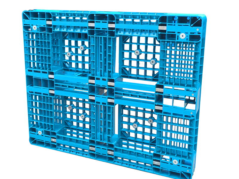 A blue Full Perimeter 6 Runners Grid Plastic Pallet with a robust grid structure and six runners, offering durability and stability for various industrial uses.