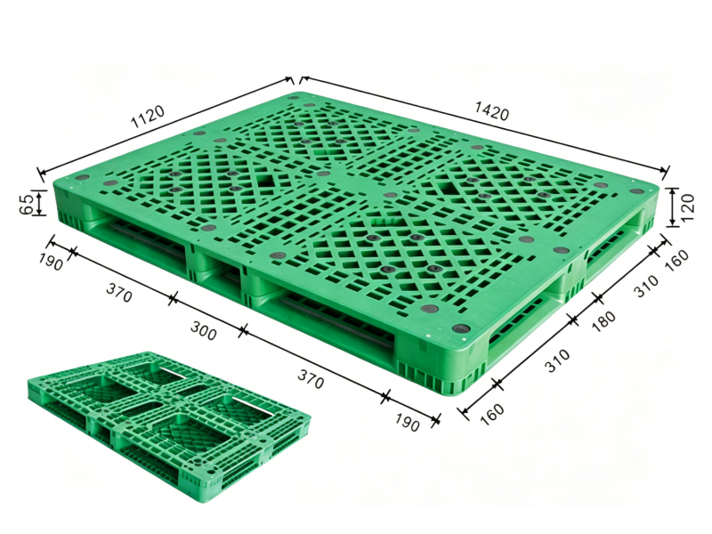 Palé de plástico con borde perimetral completo de 1420 x 1120 mm – 6 patines – superficie de rejilla | 142112