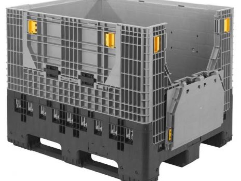 Folding pallet box with dual drop-down doors and forklift entry, designed for efficient bulk material handling.