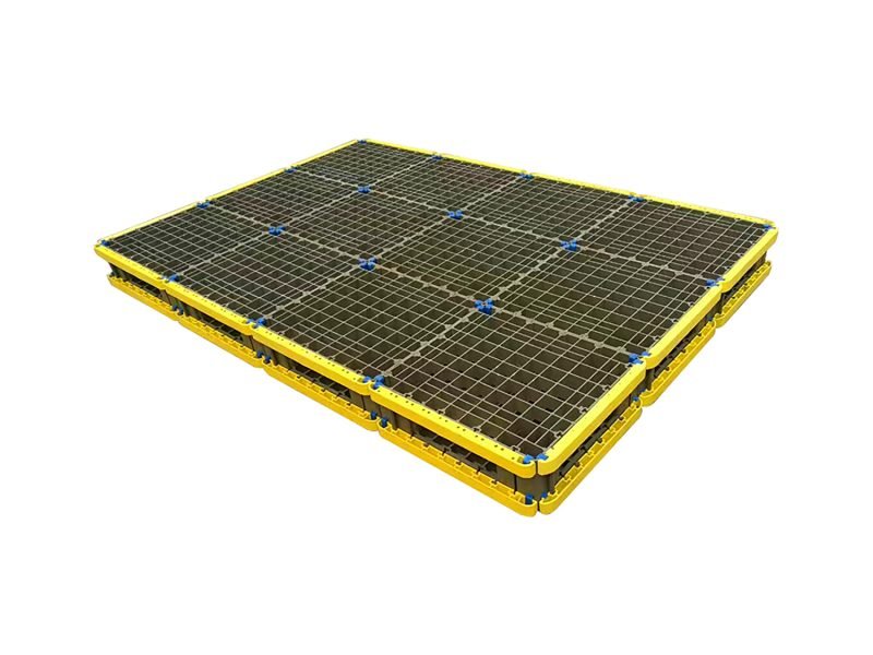 Modular double side plastic pallet with yellow edge guards and vented grid surface