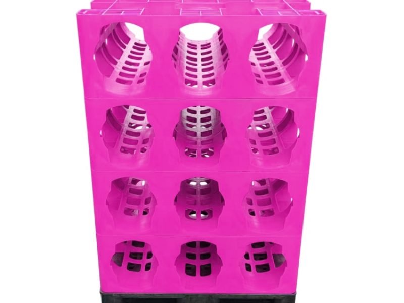 Pink 3 - pocket modular rack, holds 5 - gallon water bottles, stackable for storage.