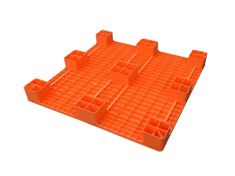 An orange 9 Legs Flat Stackable Plastic Pallet, designed for easy stacking with its flat surface and nine legs.