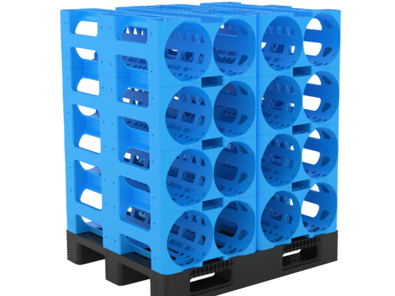 A blue 360 Degree Modular 5 Gallon Water Bottle Storage Rack, featuring a modular design for efficient water bottle storage.