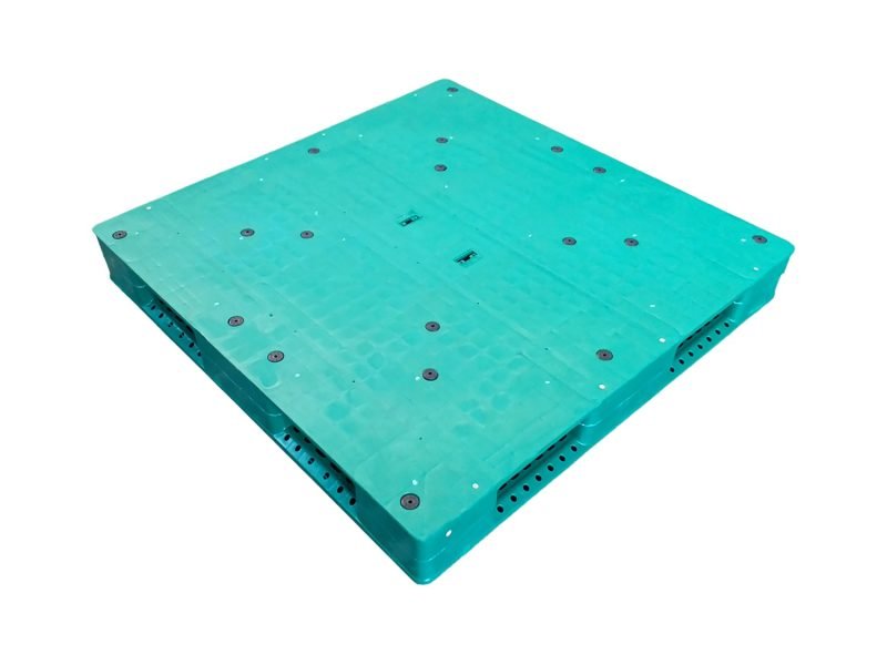 A teal - colored flat plastic pallet with 6 runners, featuring a smooth surface and evenly placed fasteners, designed for industrial use.
