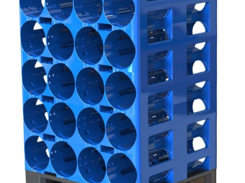 Blue modular rack for water bottles, stackable 5 gallon water bottle storage rack