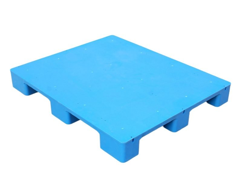A blue flat top solid plastic pallet, specifically designed for storing and transporting paper in the printing industry, with a smooth surface to protect paper.